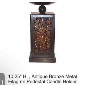 Antique Bronze Metal Filagree Pedestal Candle Holder set